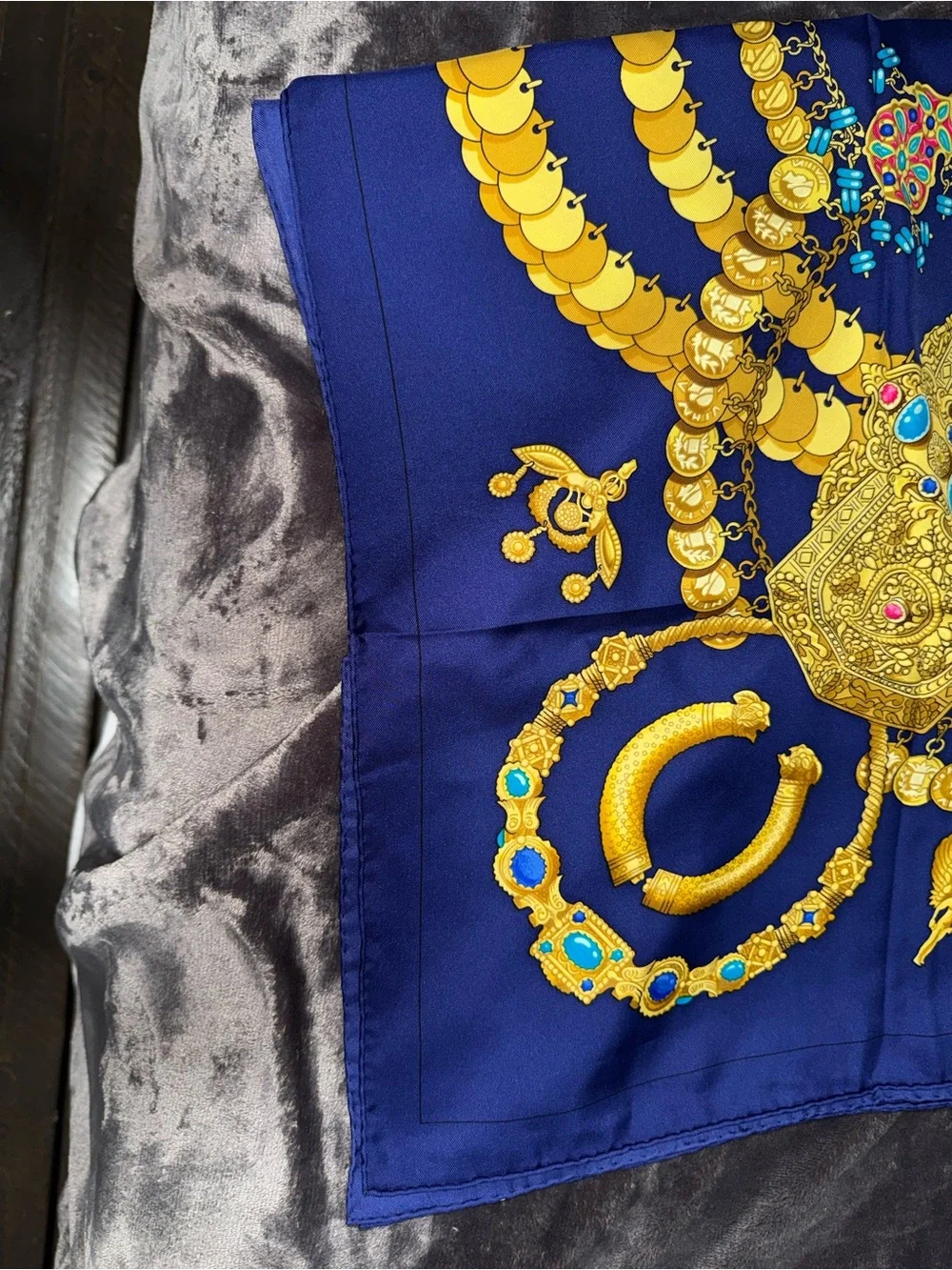 Hermes Navy Blue and Gold Decorative Women's Silk Scarf Vintage